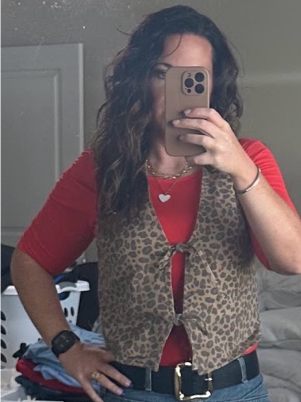 Vigoss Tan and Brown Leopard Print Sleeveless Tie-Front Vest